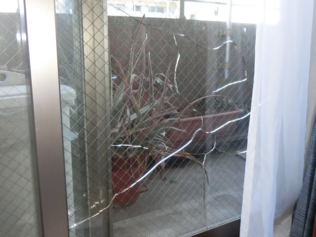ベランダ窓のガラス修理、交換　網入り透明ガラス　名古屋市港区